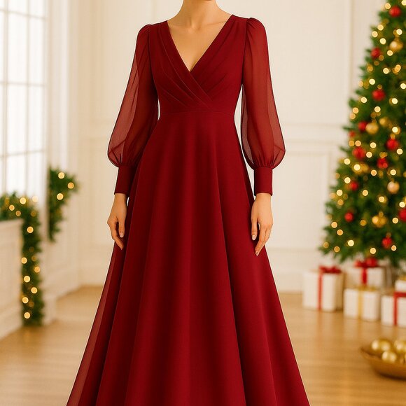 navy blue dress for baby girl Berylove Women Elegant A-Line Red Work Dress Long Sleeve Peak Lapel  Business Dress main image 1